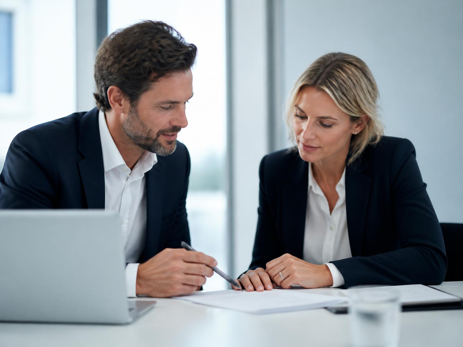 Two recruitment consultants reviewing a hiring plan in a bright European office